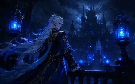 Neuvillette (Genshin Impact) stands on a gothic balcony under moonlit clouds, blue lanterns and a distant spired city glow — 4K Ultra HD anime PC desktop wallpaper/background.