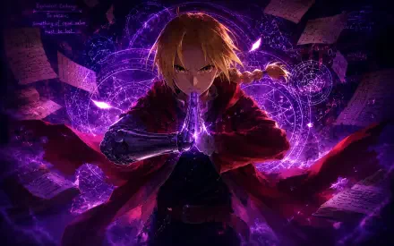 Edward Elric anime portrait with glowing purple transmutation circle, papers swirling and clenched hands — 4K Ultra HD PC desktop wallpaper background.