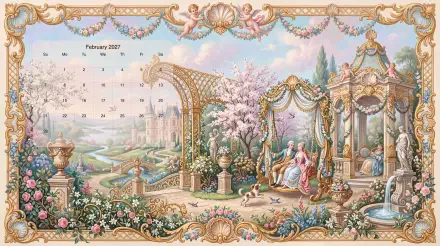 February 2027 calendar in an ornate pastel garden scene with classical pavilion, blossoming trees and seated figures by a fountain — 5K Ultra HD PC desktop wallpaper/background.