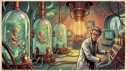 5K Ultra HD PC desktop wallpaper of a scientist in a futuristic laboratory monitoring embryo-filled cloning vats as neon-lit equipment hums during a human cloning experiment.
