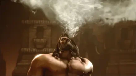 HD PC desktop wallpaper of Arjun from Street Fighter 6 — a muscular, shirtless man looking up as a plume of smoke rises around him against a dark temple backdrop.