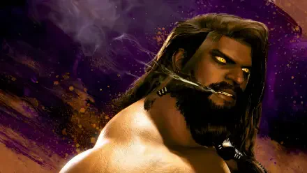 4K Ultra HD PC wallpaper of Arjun from Street Fighter 6 — a muscular warrior man with braided beard and glowing yellow eyes, long dark hair set against a purple-gold cosmic background.