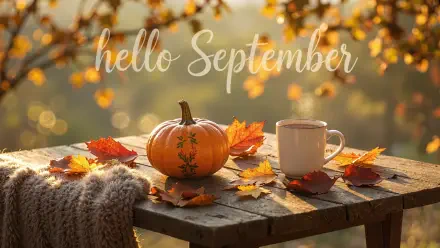 HD PC desktop wallpaper: Hello September script over a wooden table with a small pumpkin, mug, scattered autumn leaves and a cozy knit, warm bokeh background.