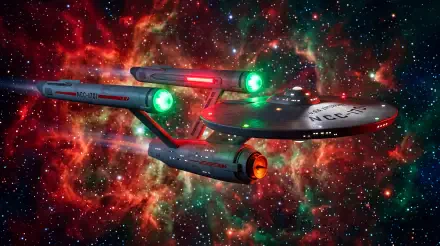 5K Ultra HD PC desktop wallpaper/background of the USS Enterprise starship spacecraft: classic spaceship gliding past a vivid red-green nebula with glowing warp nacelles.