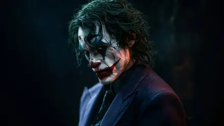 4K Ultra HD PC desktop wallpaper: brooding Joker portrait with smeared clown makeup, red-lipped grin and dark suit set against a shadowy, cinematic backdrop.