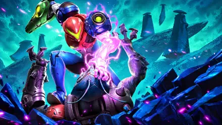 4K Ultra HD PC desktop wallpaper and background: Samus Aran in Metroid Ravenous armor fires a glowing purple arm cannon over shattered alien ruins and a defeated Metroid.