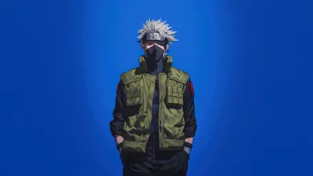 Kakashi Hatake from Naruto standing with hands in pockets, wearing a green flak jacket and face mask against a vivid blue backdrop — 5K Ultra HD PC desktop wallpaper.