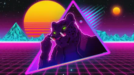 Neon synthwave Digital Art of a leopard in sunglasses framed by a glowing triangle, retro grid and sunset — 4K Ultra HD PC desktop wallpaper background.