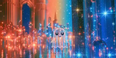 2K Quad HD PC desktop wallpaper featuring a cute ghost floating amid rainbow-lit, cathedral-like arches with sparkling bokeh and starry light effects.
