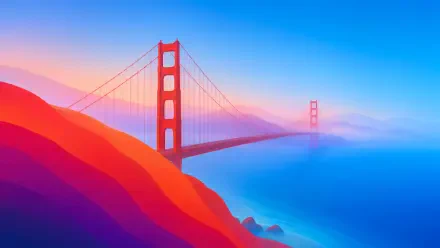 Minimalist digital art of the Golden Gate Bridge rising from red-orange hills into blue mist. 5K Ultra HD PC desktop wallpaper background.