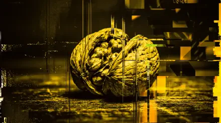 Close-up of a walnut (nut) with golden-yellow glitch and digital block effects on a dark background — 5K Ultra HD PC desktop wallpaper.