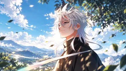 Anime 2K Quad HD PC desktop wallpaper from Frieren: Beyond Journey's End — white-haired Frieren gazes skyward, sword ribbon swirling, sunlight, falling leaves and a vast mountain landscape.