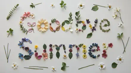 HD PC desktop wallpaper: Goodbye Summer spelled out in spring and summer flowers and leaves on a pale background, with scattered blooms and foliage creating a delicate floral scene.