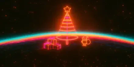 Neon Christmas 2K Quad HD PC desktop wallpaper: glowing neon Christmas tree topped with a star, neon gifts and a small Santa figure above a colorful horizon.