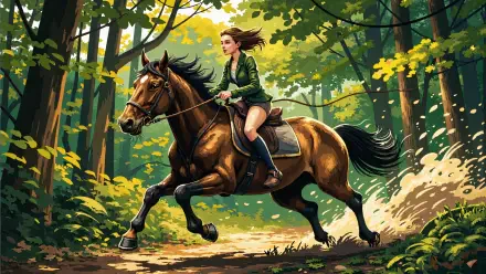 Weekend Equestrian HD PC desktop wallpaper: rider in green jacket galloping a bay horse through a sunlit forest trail.