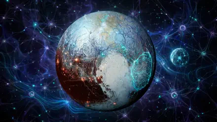 HD PC desktop wallpaper of a Pluto-like icy globe/planet with Earth-like continents, floating in a glowing, webbed cosmic background.