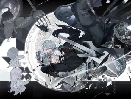 4K Ultra HD PC desktop wallpaper — anime landscape Alien Stage: Till showing two pale figures intertwined on a circular alien stage, surrounded by musical instruments and ghostly onlookers.