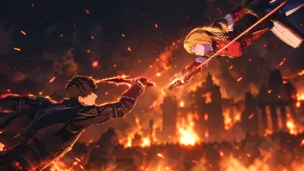 Solo Leveling: Karma anime 4K Ultra HD PC desktop wallpaper — two swordfighters clash amid fiery city ruins, embers and a blazing skyline framing an intense battle.