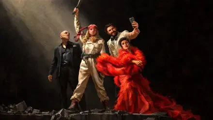 Sacrifice (2026) — group fashion performance of four models: a suited man, a red‑haired model with raised dagger, a man holding glass, and a figure in a flowing red gown. 4K UHD PC desktop wallpaper.