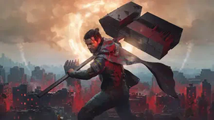 4K Ultra HD PC desktop wallpaper: Control Resonant's warrior Dylan Faden raises a colossal hammer weapon over a burning, ruined city beneath swirling storm clouds.