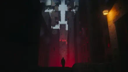Control Resonant — lone silhouette in a shadowed alley at night, neon red glow and towering abstract cityscape; 4K Ultra HD PC desktop wallpaper/background.
