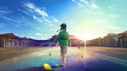 The Apothecary Diaries 4K Ultra HD PC Desktop Wallpaper and Background — a lone figure in green walks across a palace courtyard toward a glowing sunrise, colorful petals scattered on stone tiles.