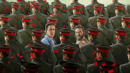 Mayday 4K Ultra HD PC desktop wallpaper and background: two men stand surrounded by uniformed soldiers with red caps as red petals drift overhead.