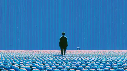 Artistic 2K Quad HD PC desktop wallpaper: lone human silhouette stands amid a sea of spheres facing a towering blue wall, evoking solitude.