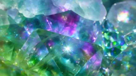 Fluorescent crystal and prism gemstone cluster glowing in vivid greens, blues and purples — 2K Quad HD PC desktop wallpaper and background with sparkling refracted light.