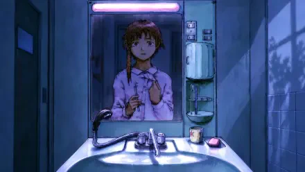 4K Ultra HD PC desktop wallpaper of Lain Iwakura (Serial Experiments Lain): a girl reflected in a dim bathroom mirror above a sink.