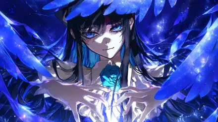 Yodaka-themed anime girl with long blue hair cradling a glowing blue rose amid shimmering starlit wings — 4K Ultra HD PC desktop wallpaper/background.