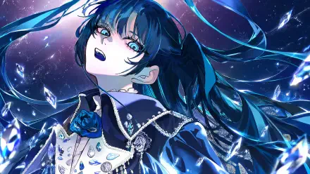 Nico Nico singer–inspired Yodaka anime girl with flowing blue hair, crystalline shards and starry glow — vivid 4K Ultra HD PC desktop wallpaper background.