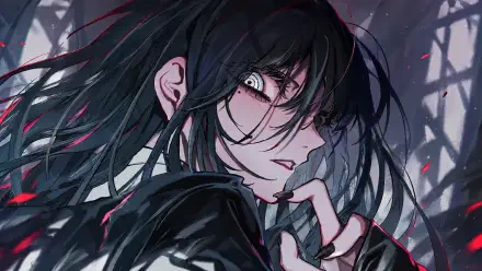 Dark, intense anime-style portrait with windblown black hair, pale eyes and red accents — Adotomy fan art inspired by a Nico Nico singer; 4K Ultra HD PC desktop wallpaper/background.