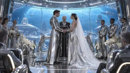 Futuristic marriage ceremony: bride in flowing silver gown and groom in chrome suit exchange vows with metallic attendants before an underwater city — 4K Ultra HD PC desktop wallpaper/background