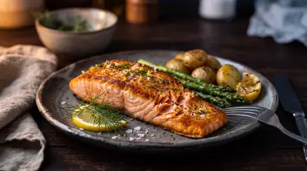 5K Ultra HD PC desktop wallpaper showing a seared salmon fillet with lemon and dill, roasted potatoes and asparagus on a rustic plate.