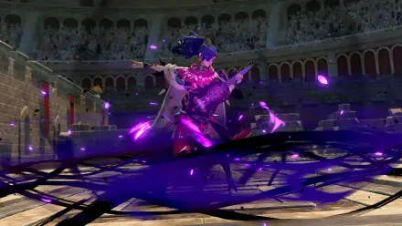 Fire Emblem: Fortune's Weave — Leda performs a dance on a coliseum stage, purple magical ribbons and shadows swirling around her; 4K Ultra HD PC desktop wallpaper/background.