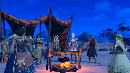 Fire Emblem: Fortune's Weave — companions gathered around a campfire beside a tent under a starry night; 4K Ultra HD PC desktop wallpaper and background.