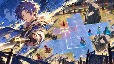 4K Ultra HD anime PC desktop wallpaper of Cai from Fire Emblem: Fortune's Weave, wielding a glowing blade over a strategy video game battlefield with a blue movement grid and scattered units.