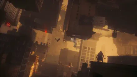 Control Resonant HD PC desktop wallpaper/background: silhouetted figure on a rooftop overlooking warped, towering buildings in golden light.