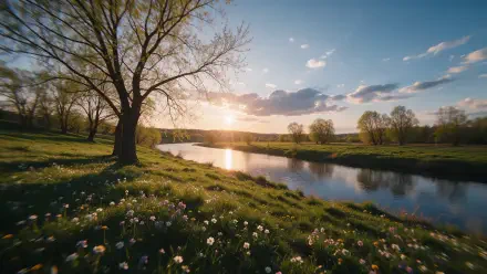 2K Quad HD PC desktop wallpaper and background: spring sunset landscape with a river reflecting the sun, a lone tree on a grassy, wildflower-dotted bank beneath a partly cloudy sky.