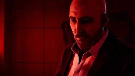 Silent Hill: Townfall 4K Ultra HD PC desktop wallpaper — portrait of a bald man in a red-lit, ominous atmosphere, wearing a suit jacket and open-collar shirt.
