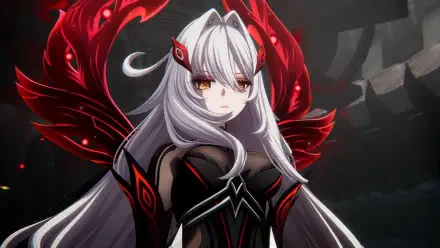 HD PC desktop wallpaper/background of Ronova (Genshin Impact): anime girl with long silver hair, red‑black outfit and glowing crimson wings set against a dark, atmospheric backdrop.