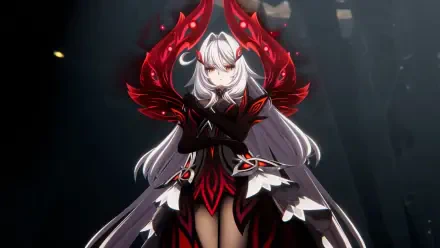 HD PC desktop wallpaper of Ronova (Genshin Impact): anime girl with long white hair in crimson-and-black armor, arms crossed against a dark, dramatic background.