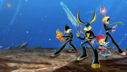 Loonatics Unleashed team in dynamic battle poses on a rocky alien plain, vibrant 4K Ultra HD PC desktop wallpaper and background under a starry blue sky.