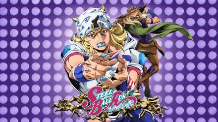 4K Steel Ball Run anime/manga wallpaper: Johnny Joestar reaching forward against a purple dotted backdrop with series logo, vivid colors and dynamic pose.