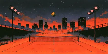 2K Quad HD PC desktop wallpaper: glowing red tennis court and net under a starry night, tennis ball suspended above, silhouetted cityscape skyline and floodlights.