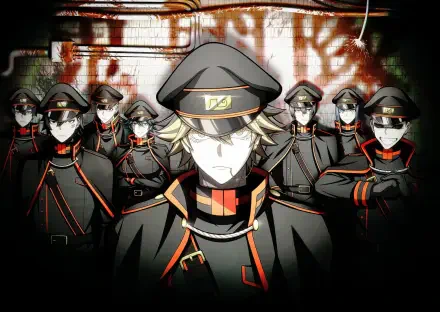 HD PC wallpaper: Tougen Anki's Hayate Todoroki leading uniformed anime soldiers in dark military coats and caps, stern faces set against a gritty, graffitied backdrop.