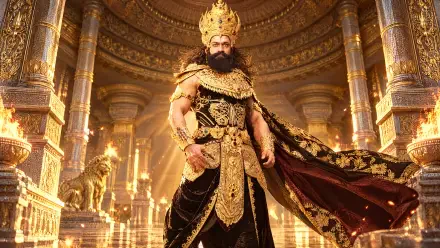 4K Ultra HD PC desktop wallpaper: Ramayana (2026) king–warrior in ornate gold costume and crown, standing in a grand pillared throne hall with flowing cloak and blazing torches.