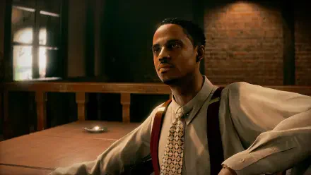 Stranger Than Heaven HD PC desktop wallpaper: a man in a suit and suspenders sits at a wooden table, bathed in moody, cinematic light against a dim, brick-walled interior.