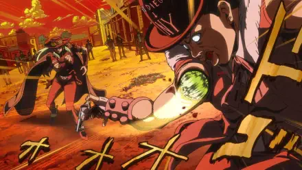 HD PC desktop wallpaper of Gyro Zeppeli from Steel Ball Run: anime fight scene in a desert town, Gyro launching a glowing steel ball amid dynamic motion and orange skies.